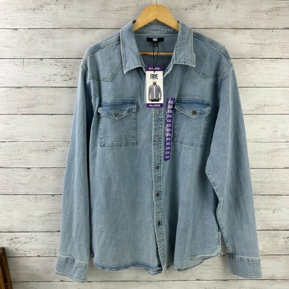 NWT Frye Men's Denim Button Up Pocket Shirt Lighter Wash Blue Size 2XL XXL